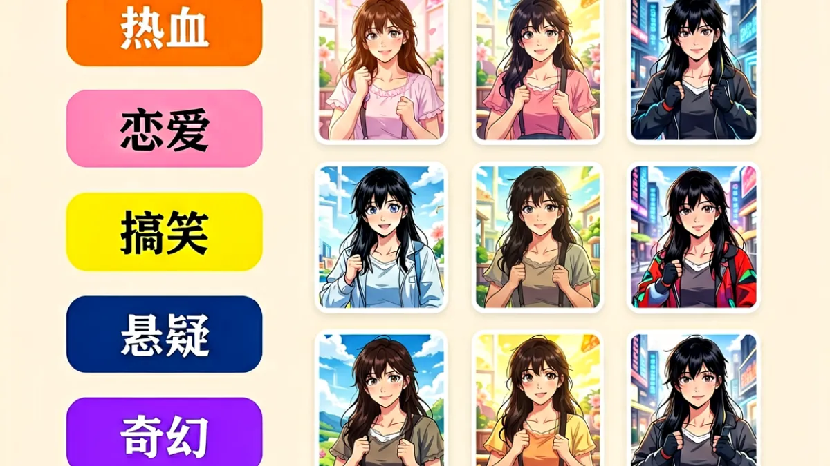 jm网页版漫画分类页面界面示意图，左侧展示热血、恋爱、搞笑等彩色分类标签，右侧是作品封面卡片缩略图网格排列