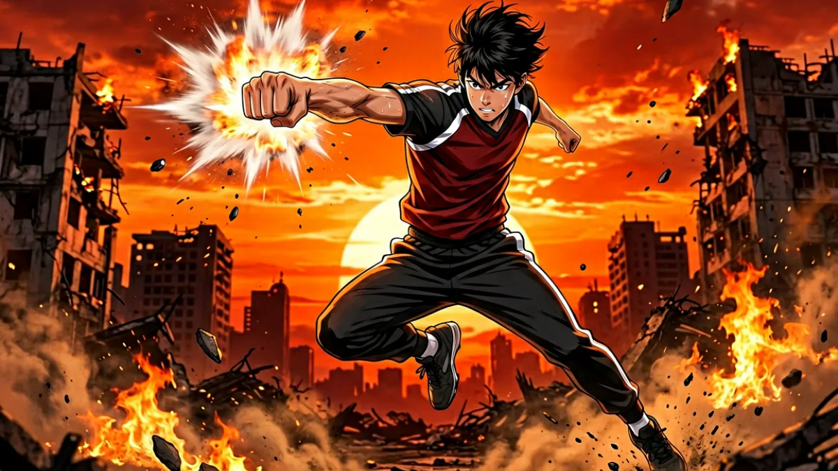热血少年漫画风格插画，主角腾空出拳，背景是燃烧的夕阳与倒塌的建筑残骸