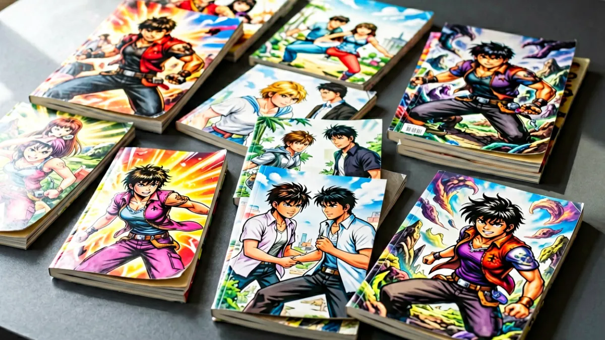 多部色彩鲜明的漫画封面整齐排列在深灰色桌面上，背景虚化处理，突出画面中不同题材作品的封面设计