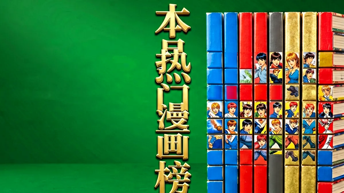 jm网页版热门漫画排行榜封面图，深绿色背景上金色字体列出前十部热门连载漫画的书脊排列，上方标注本月榜单字样