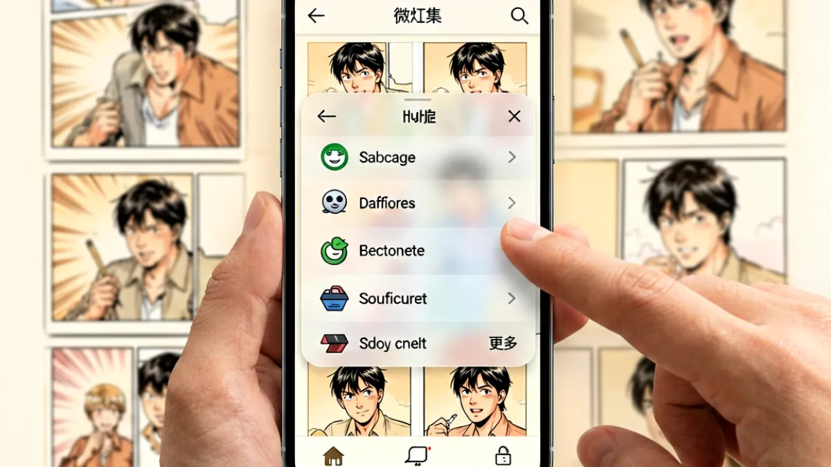 jm网页版漫画阅读界面，屏幕中央显示翻页设置选项，手指正在从左向右滑动切换章节，背景为浅色暖调